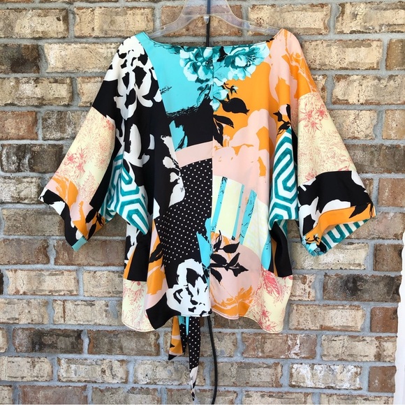 Chico’s Patchwork Floral Dolman 3/4 Sleeve Tie-Waist Relaxed Fit Blouse 3/XL/16 - Picture 3 of 13